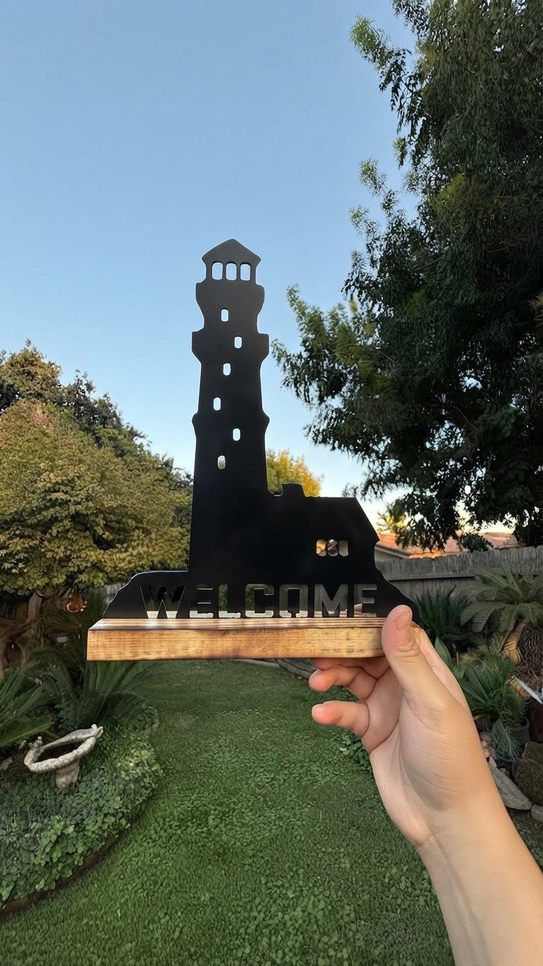 A steel Welcome sign with a lighthouse.
